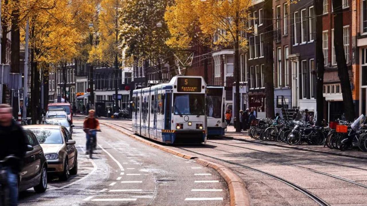 A tram on a city street