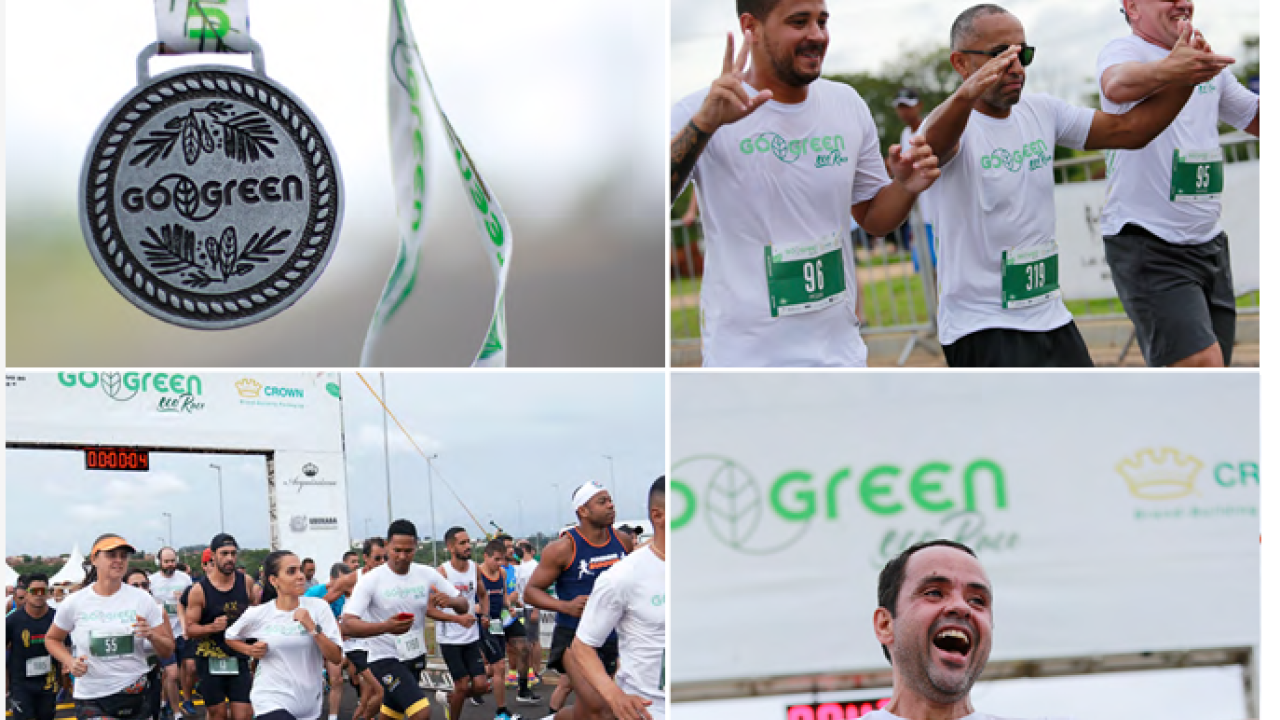 Collage of four images : a silver medal "gogreen", runners in a race, and a person celebrating while running.
