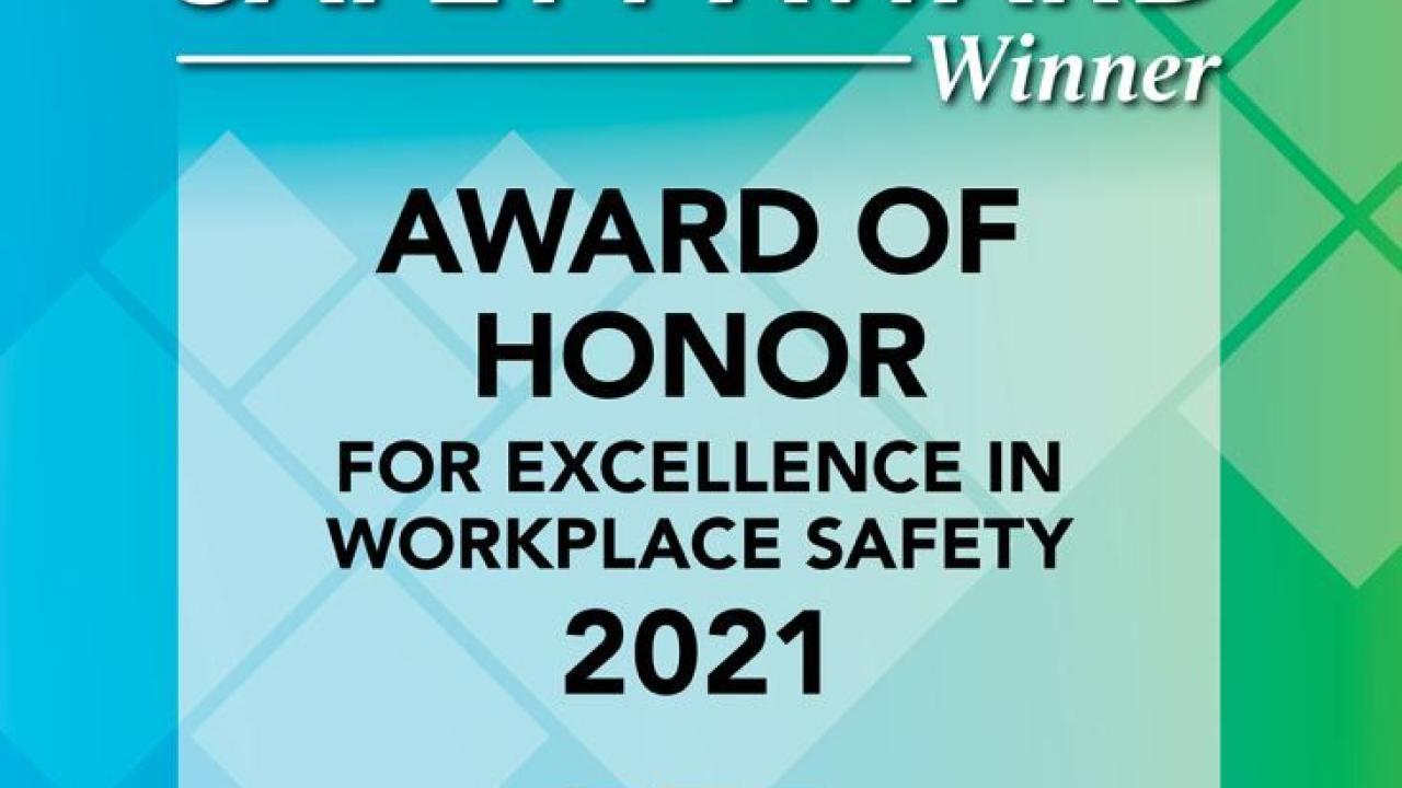 Governor's safety award winner "award of honor for excellence in workplace safety 2021" gradient of blue to green in the background. Minnesota safety council logo at the bottom