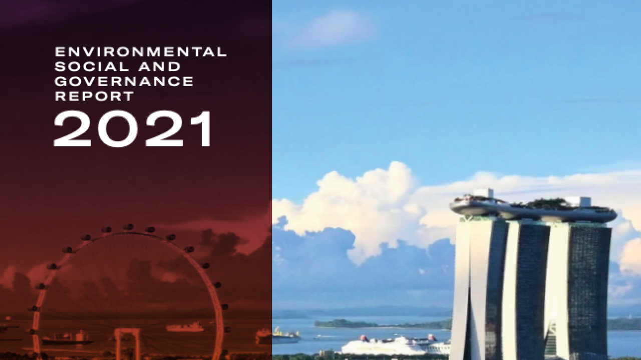Image of hotel with text Sands Environmental, Social and Governance Report 2021