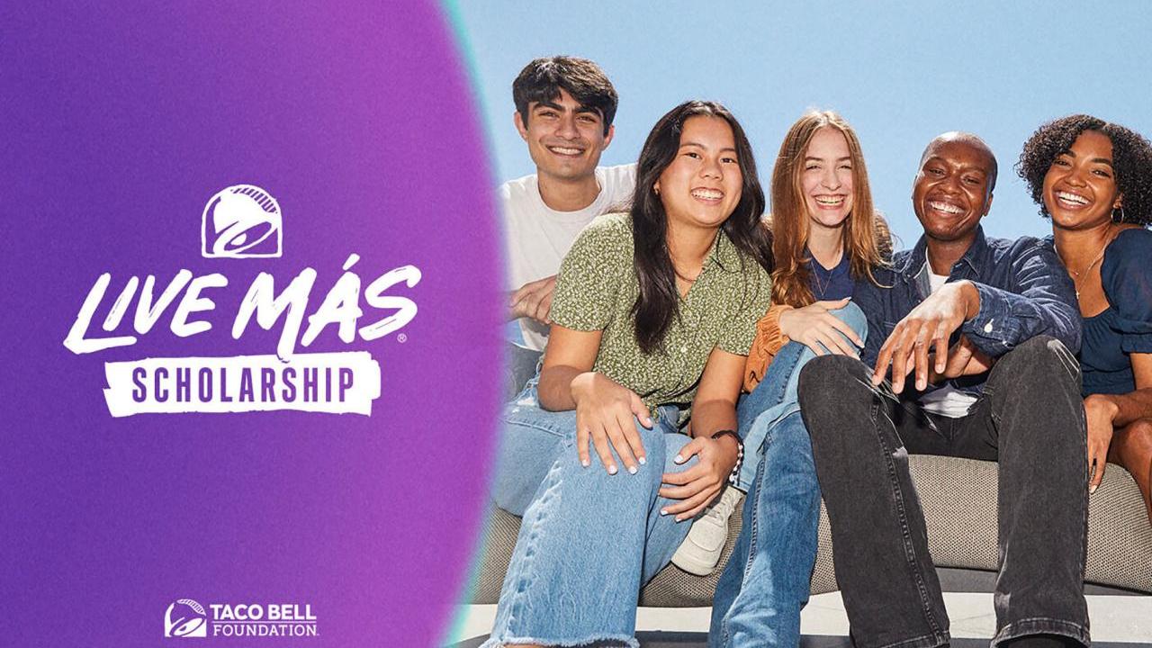 Five smiling people sitting on a bench. "Live Mas Scholarship" and taco bell logo on the left.