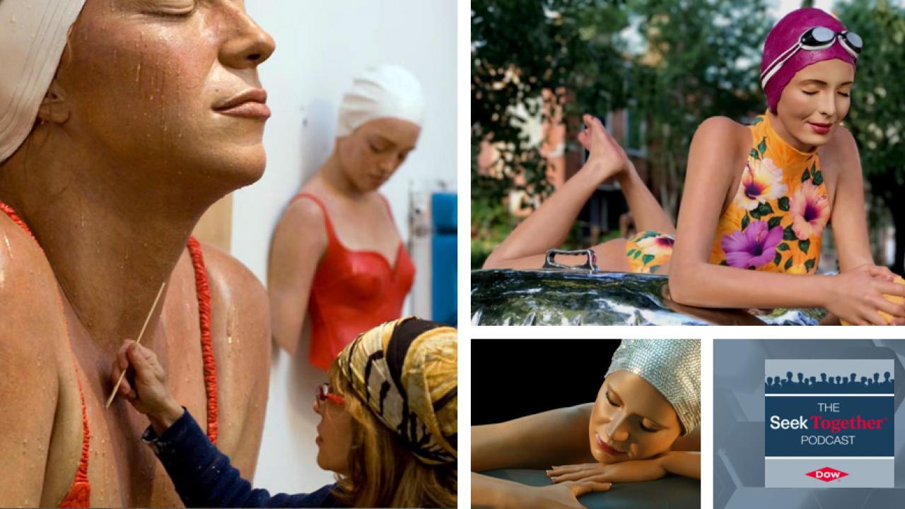 Artist working on a sculpture of a woman in a swimsuit, with additional sculptures in photos next to it
