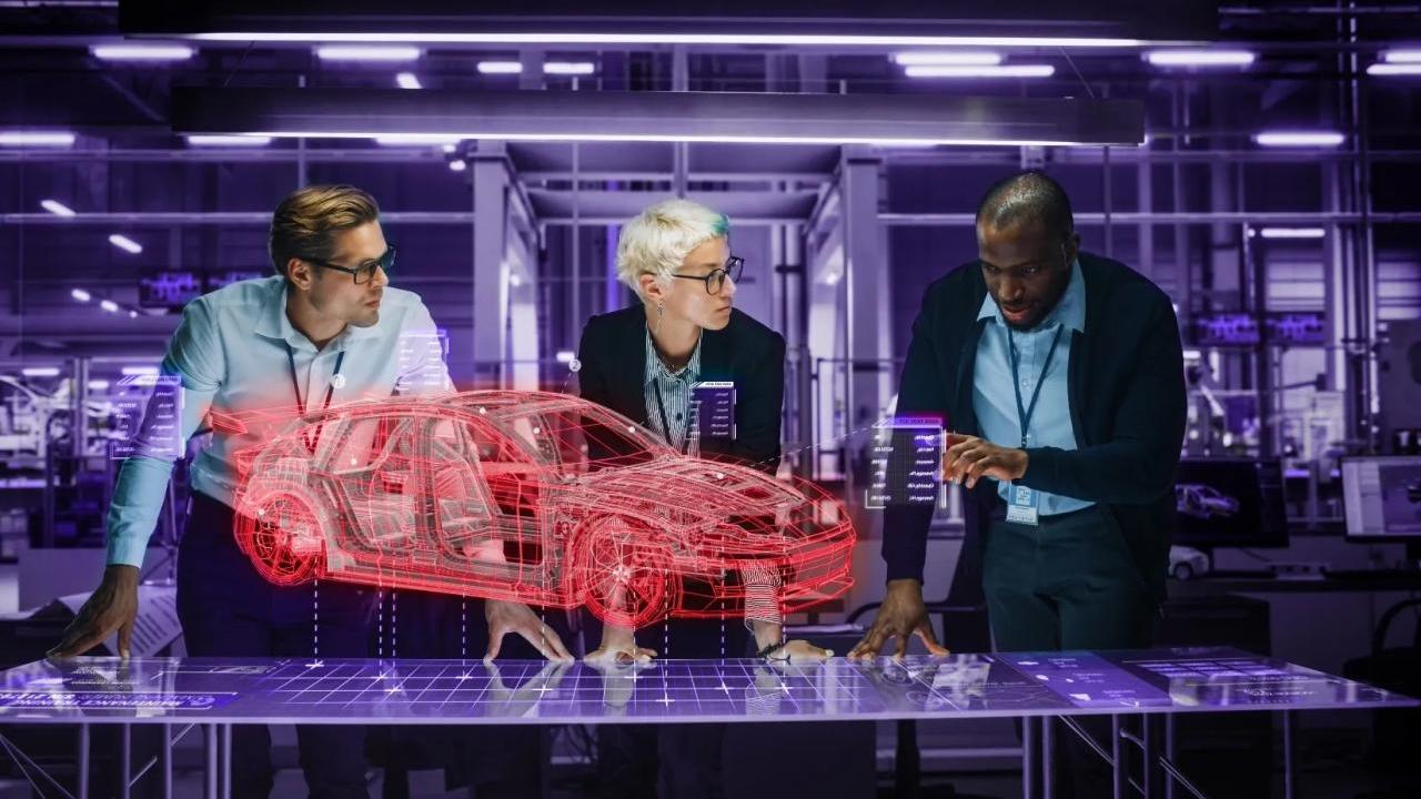 people looking at a drawing of a car