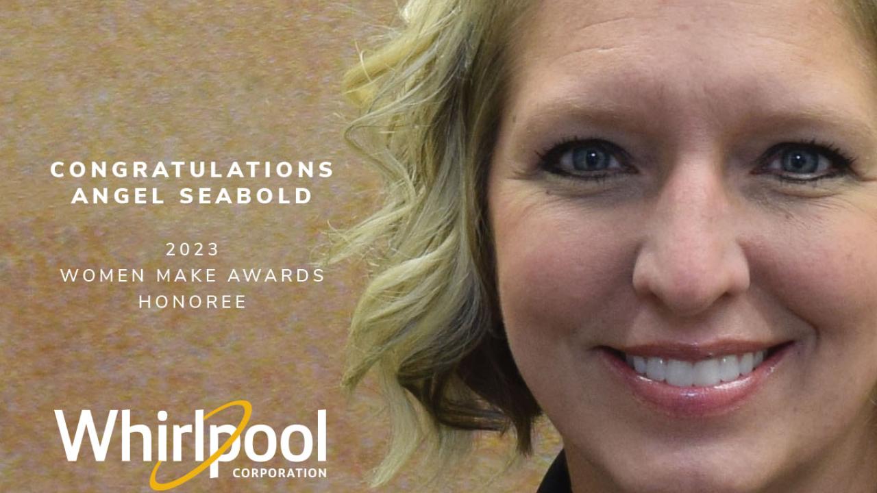 Photo of Seabold with text: Congratulations Angle Seabold, 2023 Women Make Awards Honoree