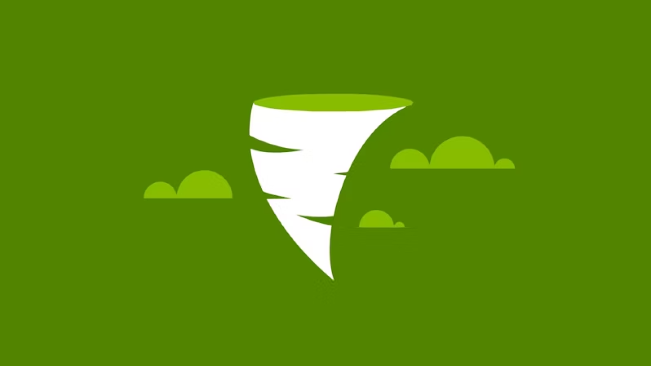 Graphic representation of a tornado and clouds