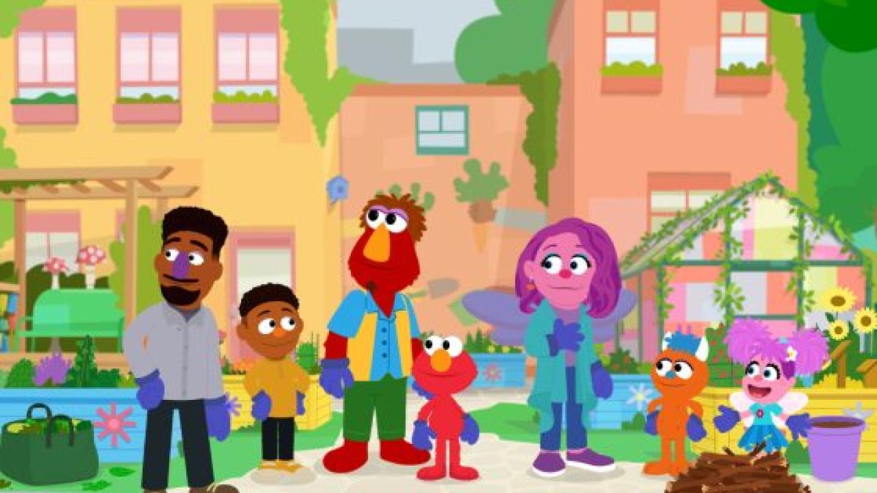 A scene of cartoon Sesame Street characters in a neighborhood