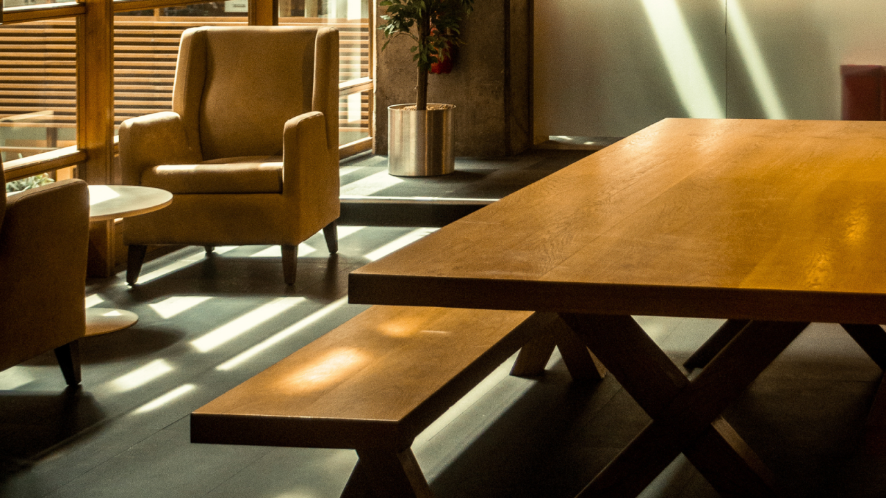 Wood table and bench in room
