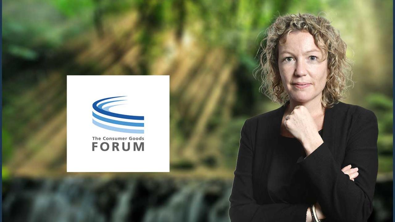 Photo of Sharon Bligh with The Consumer Goods Forum logo on the left hand side