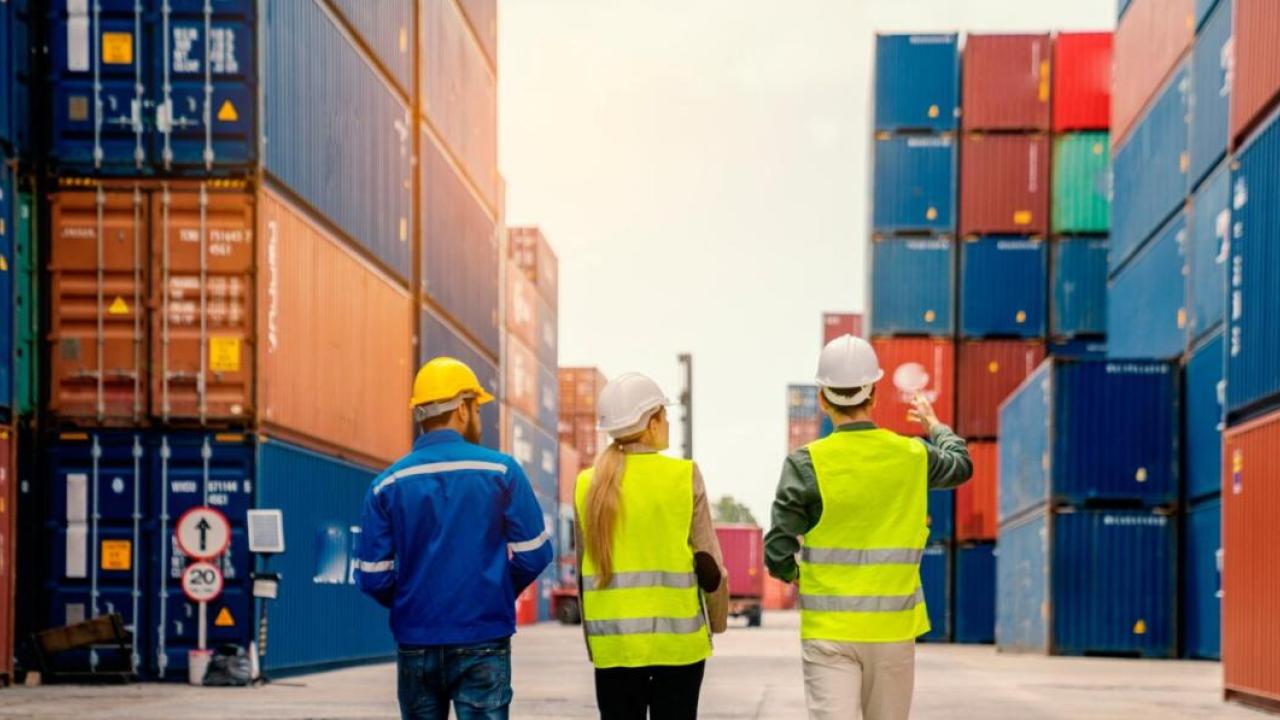 Three people walking down a row of stacked shipping containers. All wearing hard hats and high-vis vests.