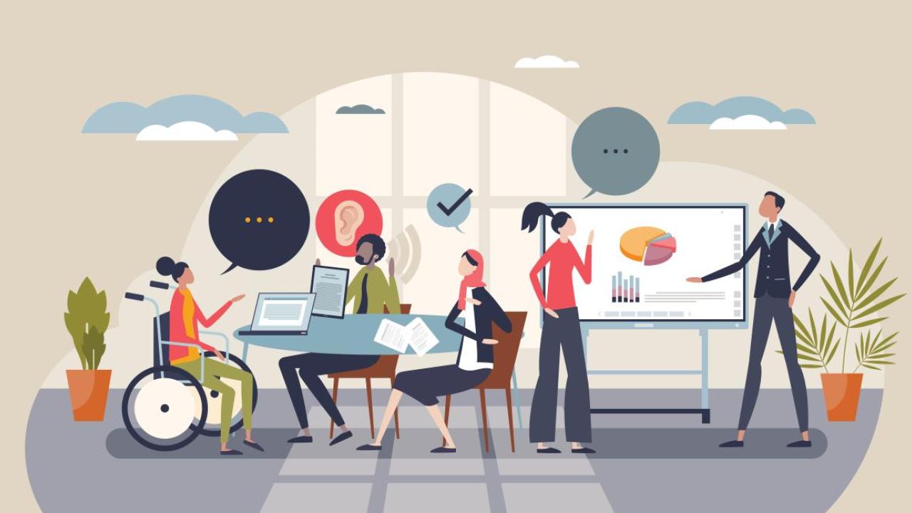 Cartoon illustration depicting a diverse mix of co-workers seated at a table with computers, standing next to a video board and surrounded by plants, clouds and windows, all meant to represent different facets of Corporate Responsibility brough to life within a business setting.