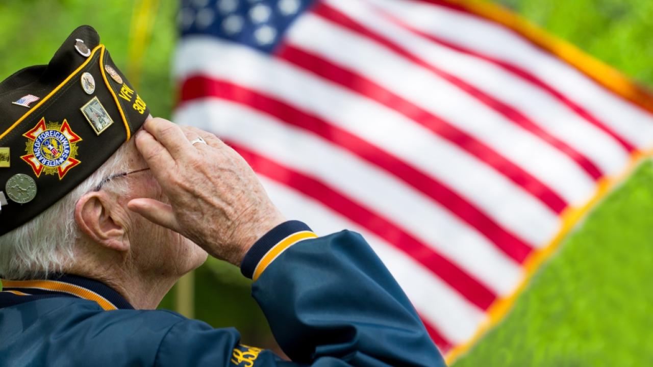 Veteran saluting the American flag.