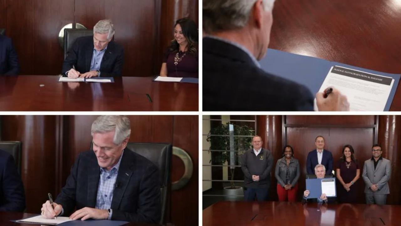 Collage of four photos of the CEO seated, signing a document at a large wood desk. A group of 5 people behind them.