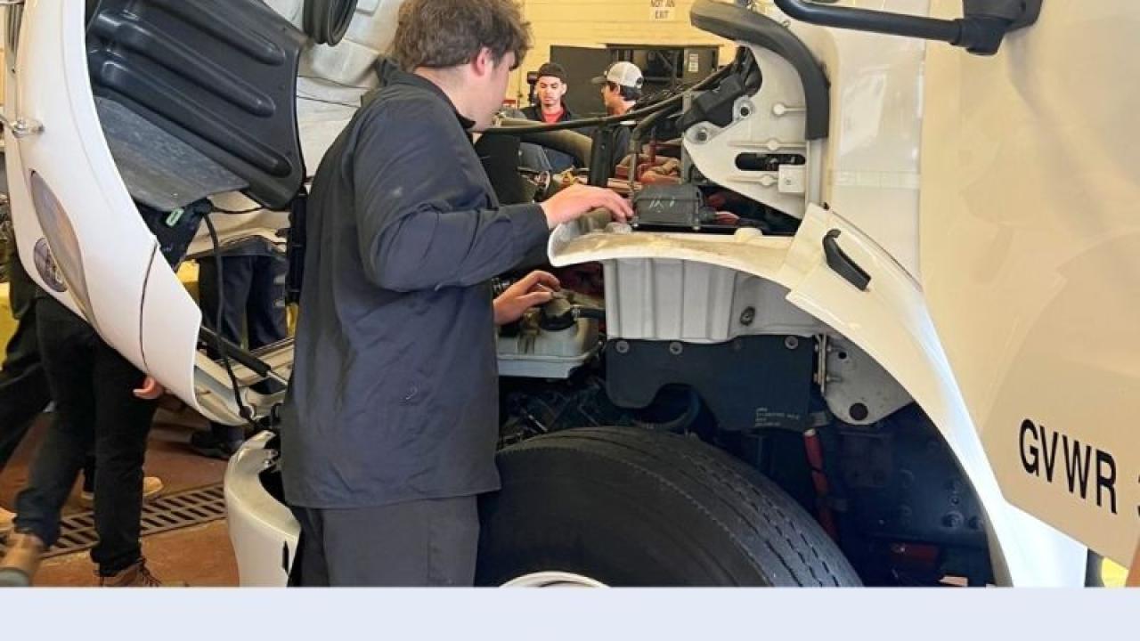 person examining truck engine