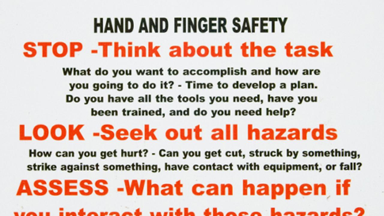 "SLAM Hand and Finger Safety" poster with an explanation of the abbreviation.