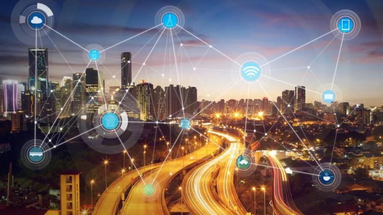 highways and cityscape with data points drawn on