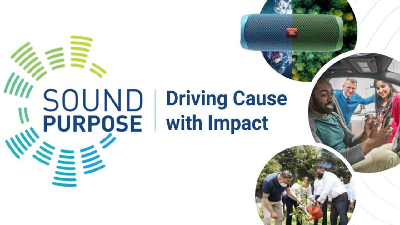 Sound and Purpose; Driving Cause with Impact. Montage of people watering plants and performing community services.