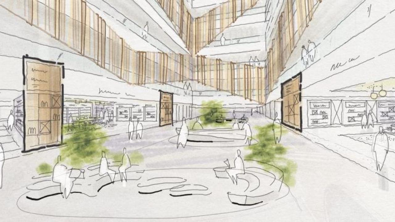 Sketch of an open, multi-story office space