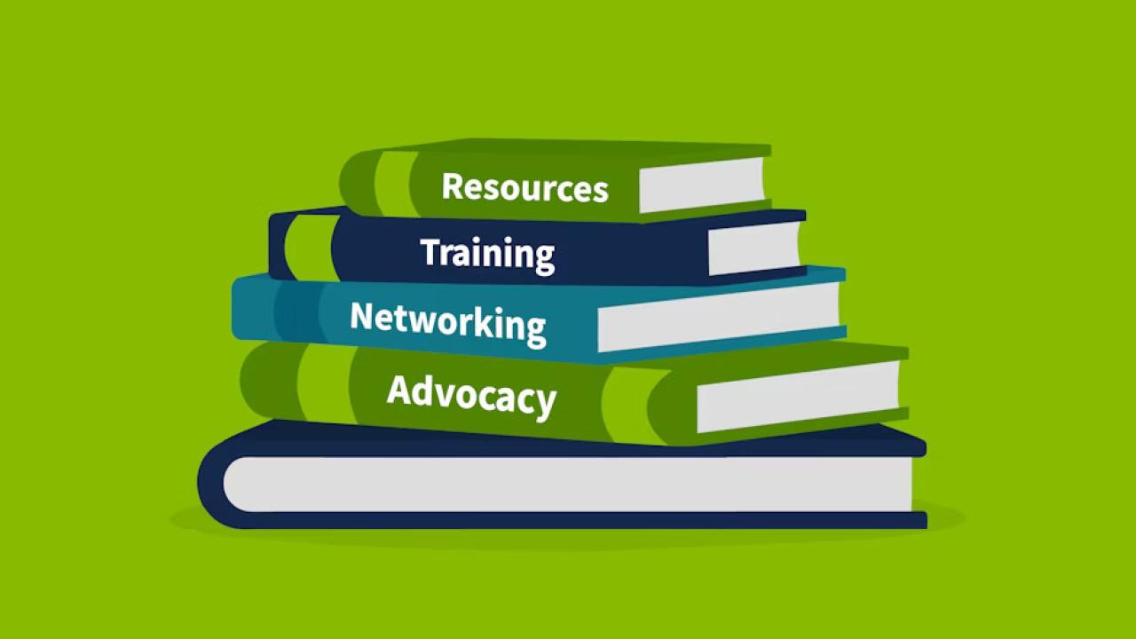 On a green background, a stack of books with titles on the spines "Resources, Training, Networking, Advocacy"