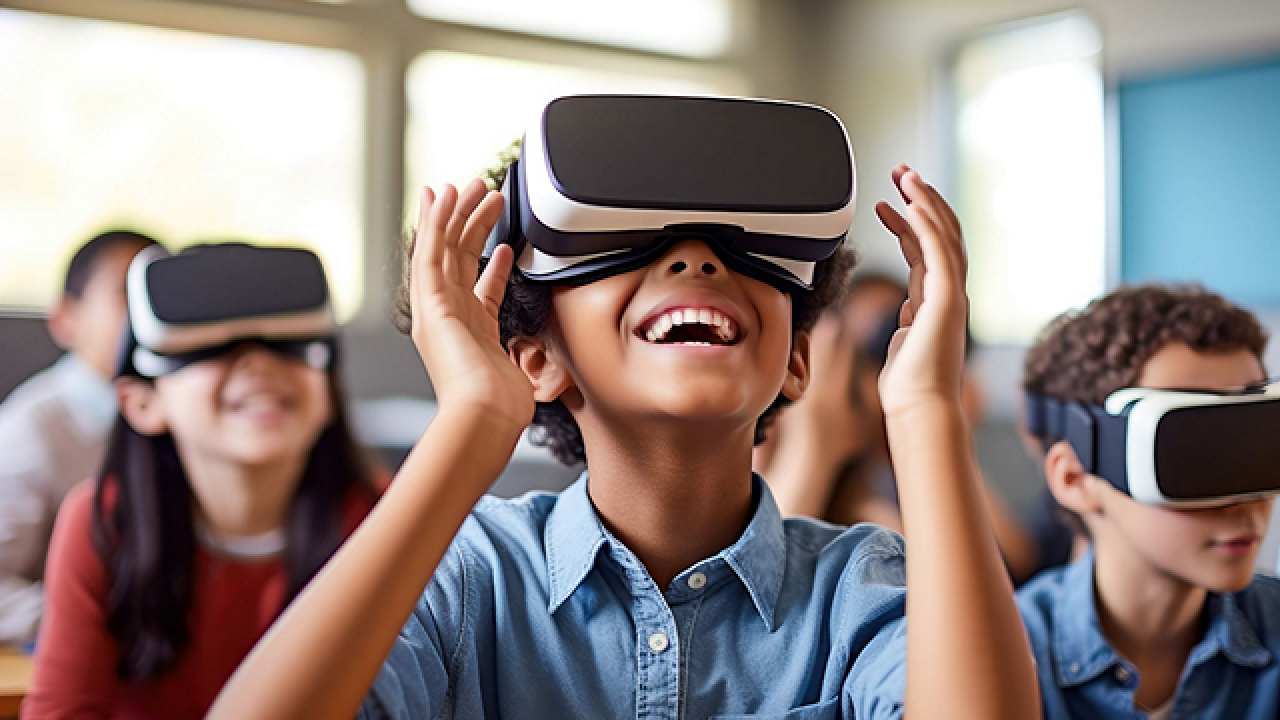 Students seated in a classroom using vr headsets