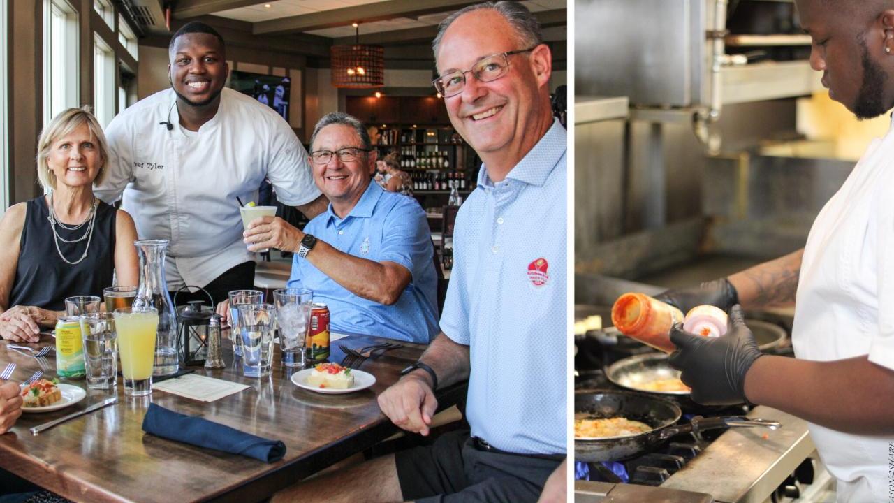 Collage of a person in chef whites posed with people at a restaurant table. On the right the safe chef cooking in a kitchen.