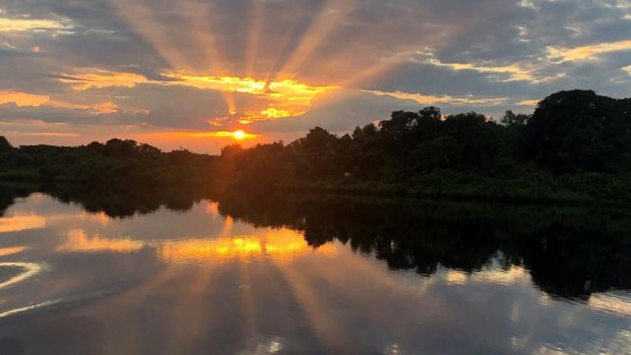Sun rising over a river 