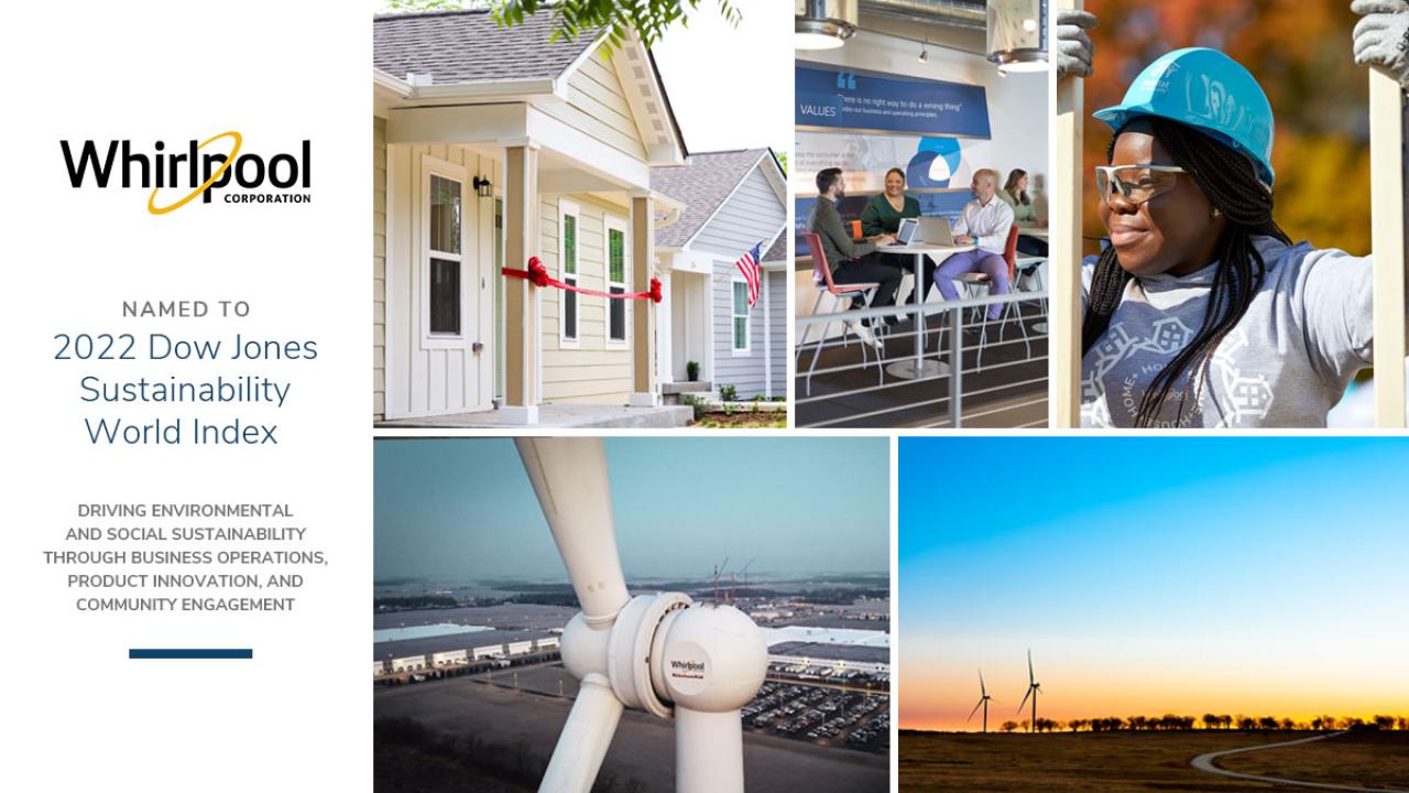 Whirlpool Logo and 2022 Dow Jones Sustainability World Index text with photos of houses and wind turbines