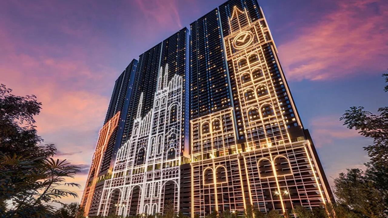 large building lit up