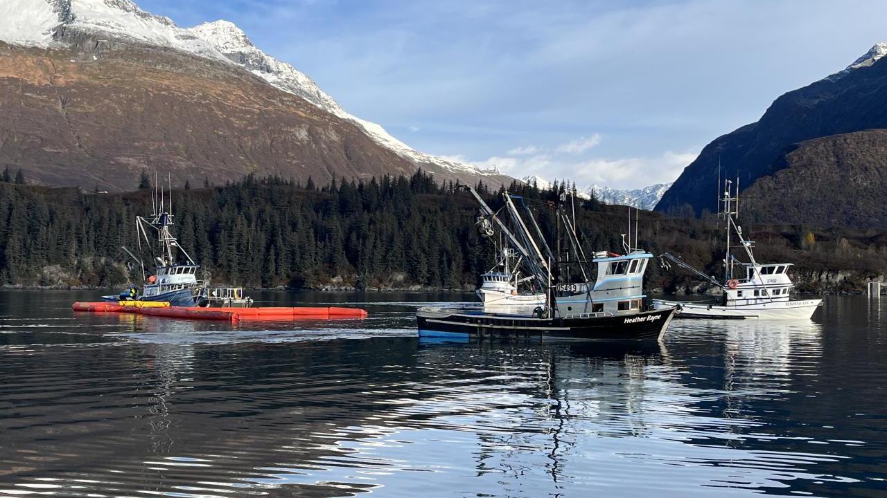 Fishing boats on water, with mountains and sky behind them