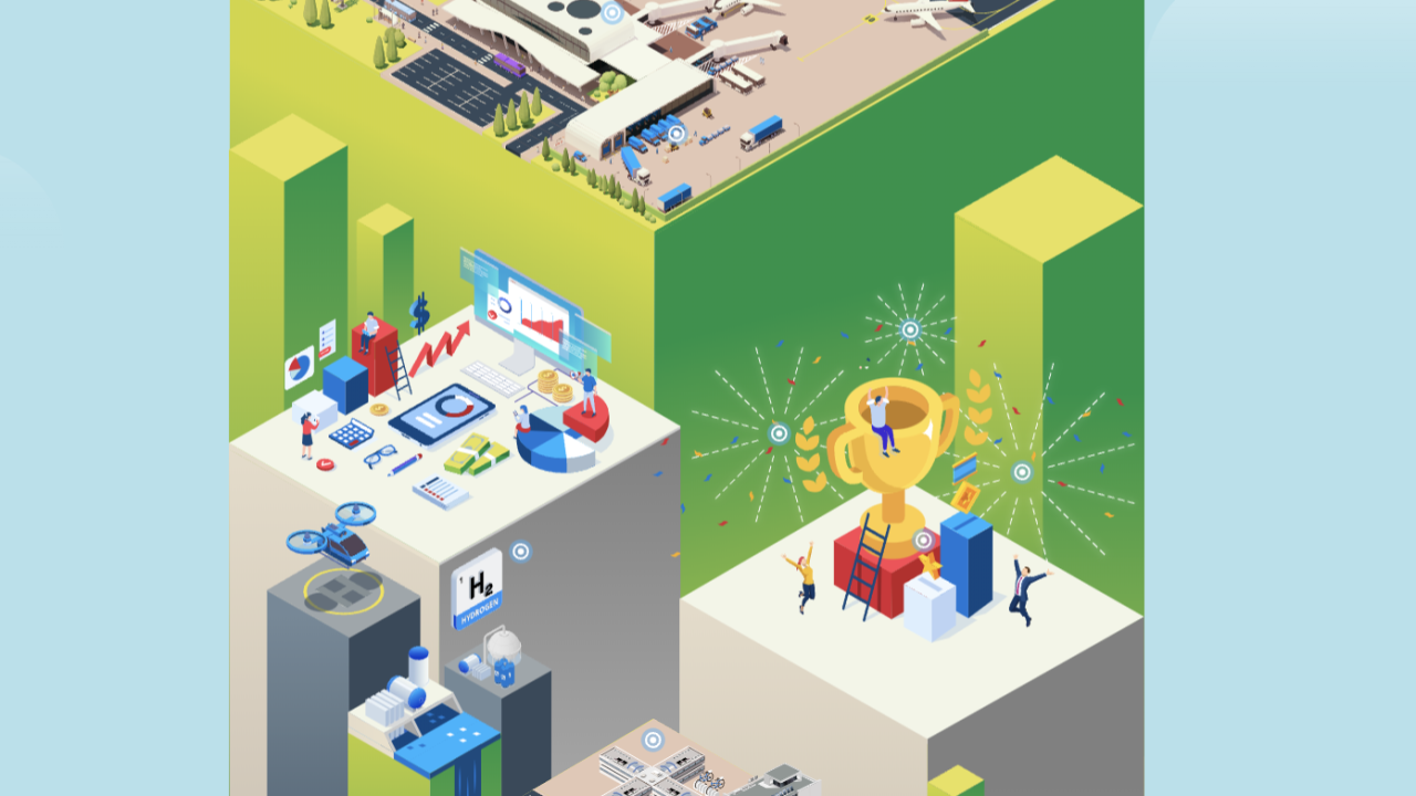 Digital 3D image of platforms representing different departments. An airport, A trophy with cheering people, An office with charts and graphs, A complex of office buildings with a stream running through it.