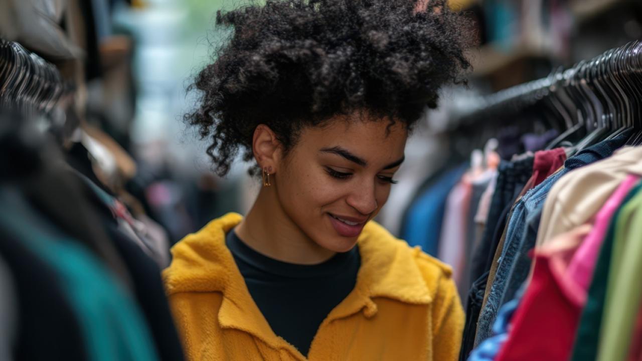 A smiling person looking at long racks of hanging clothing.