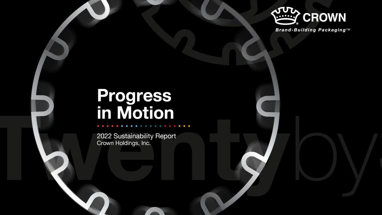 Crown logo and title page "Progress in Motion" 2022 Sustainability report.