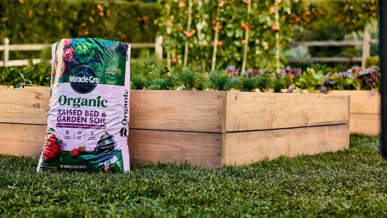 Bag of Miracle-Gro Raised Bed & Garden Soil leaning against a raised bed