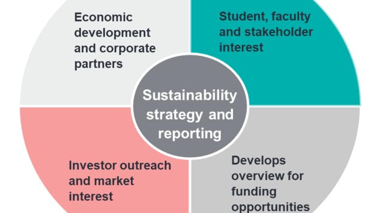Info graphic pie chart "Sustainability strategy and reporting" four topics surrounding.