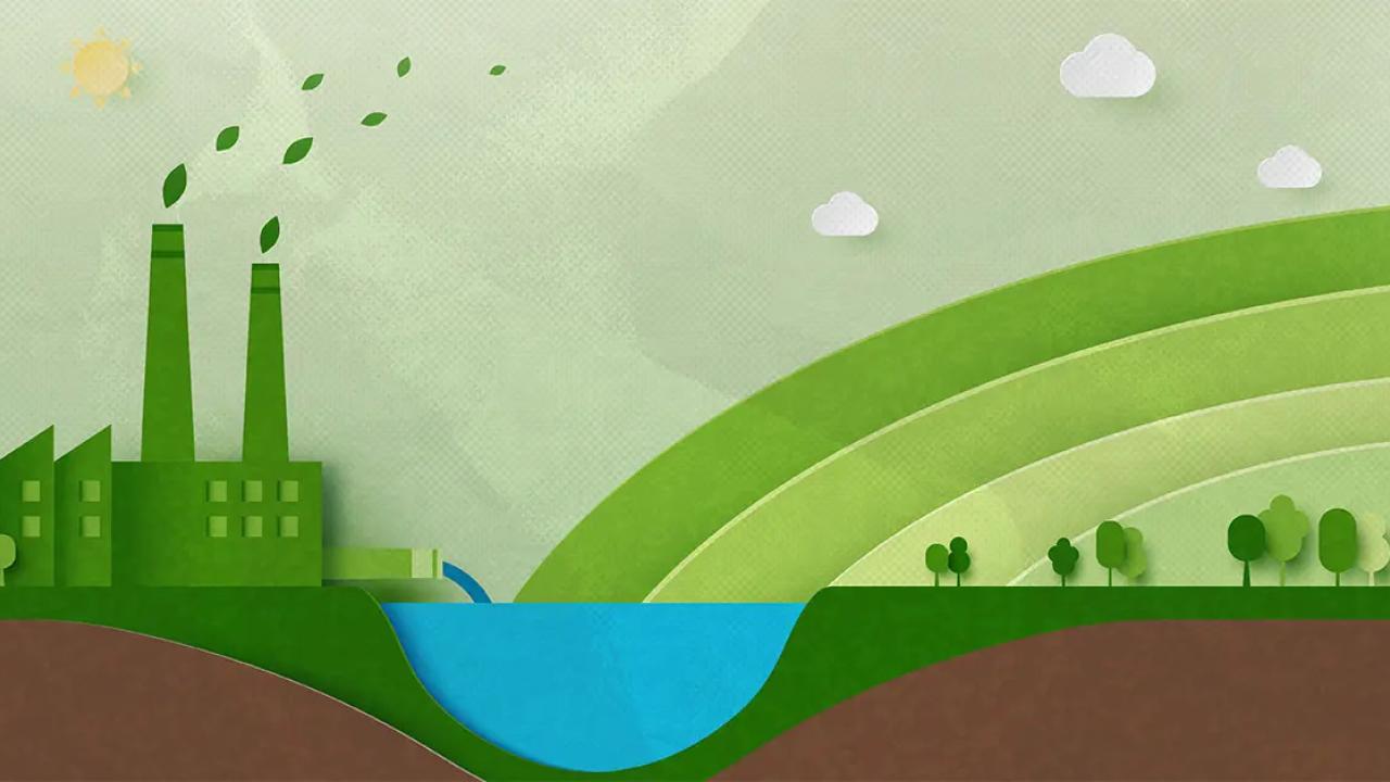 In the appearance of paper cut outs, a green factory next to a body of water and green hills.