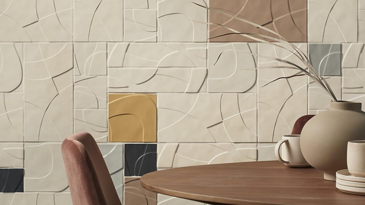 table with a tiled wall in background