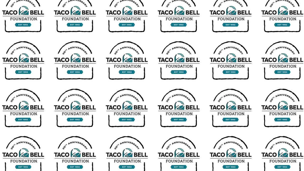 Logo "30th anniversary Taco Bell foundation est. 1992" repeated across the image