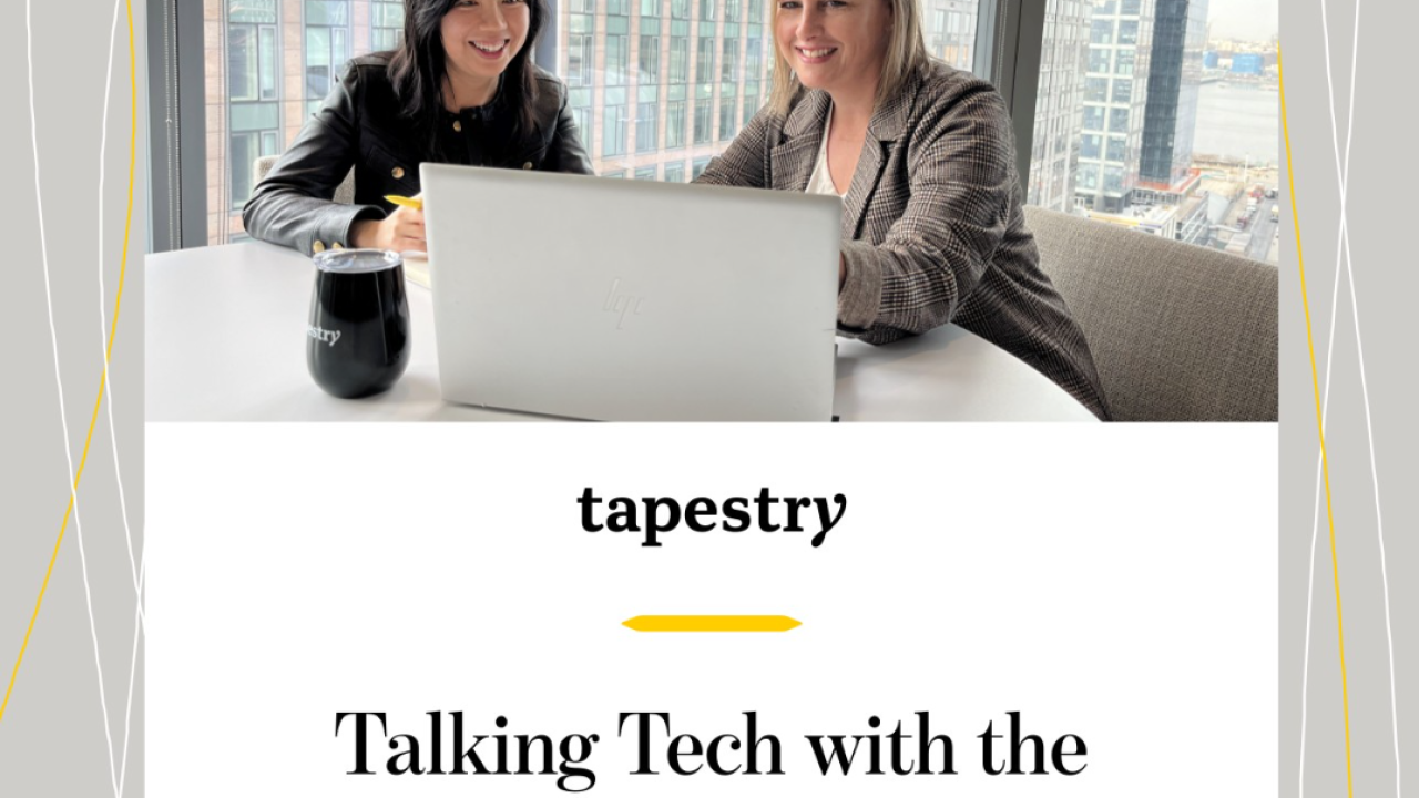 Two people seated at a table tlooking at the same laptop. "Tapestry, talking tech with the women of Tapestry IT."