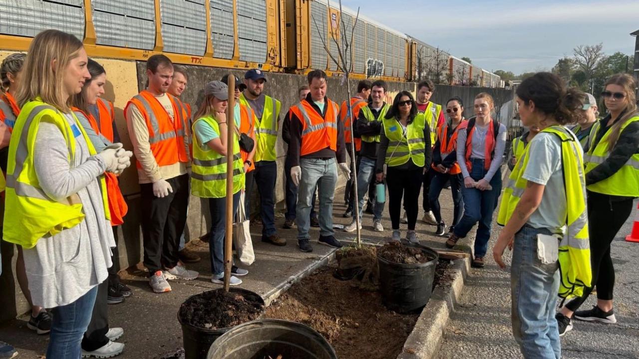 Group of people in a circle wearing high-vis vests listen to one next to trees in planters
