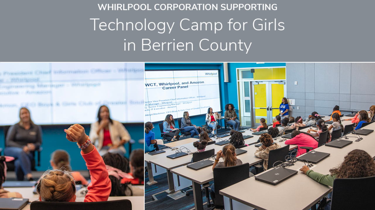 Whirlpool Corp Supporting Technology camp for girls on Berrien county. Collage of two photos of students in a classroom with presenters up front.
