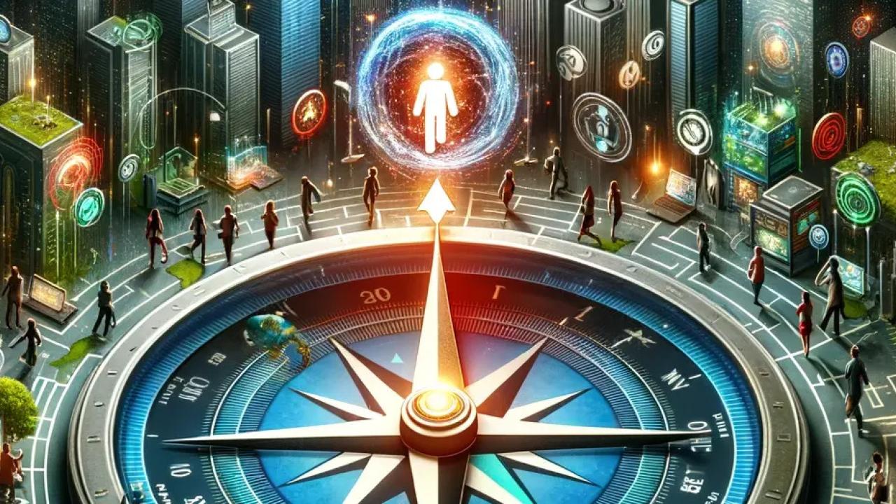 Artistic rendering of a large compass with people walking around it in a futuristic city landscape.