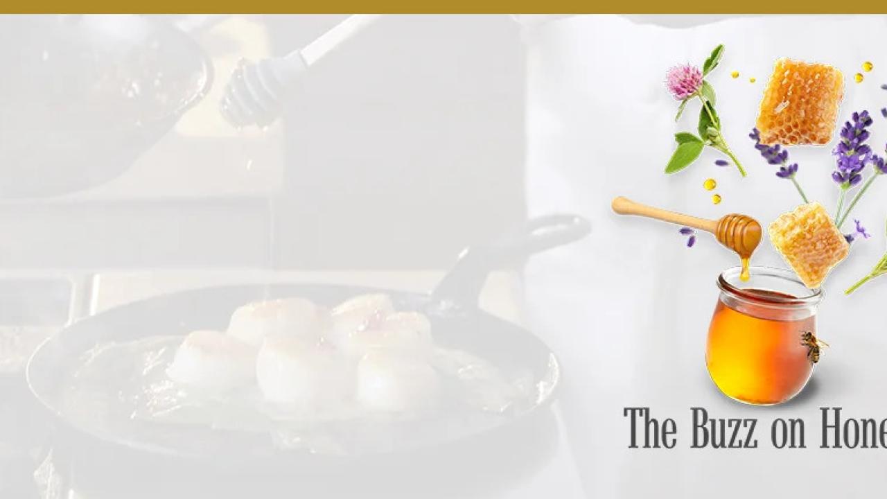 A faded background of a pan on a stove "The buzz on Honey" and honey pot and flowers.