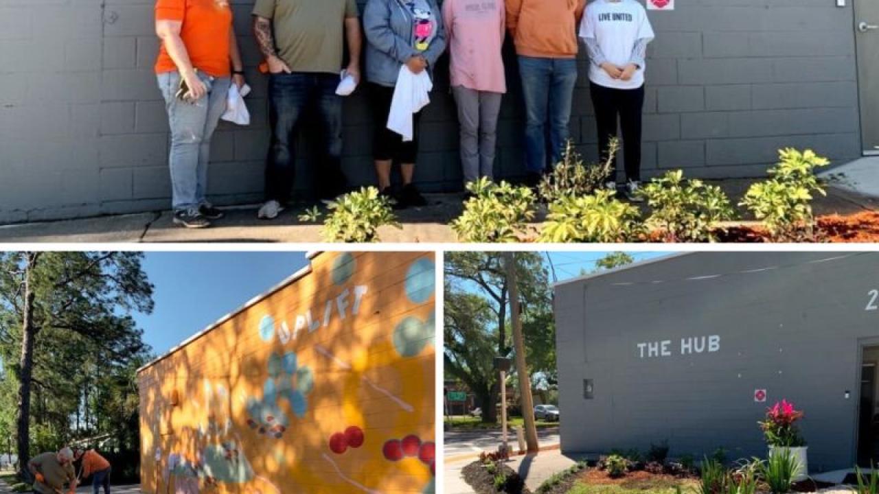 Collage of volunteers standing next to a building "THE HUB" above them and a before and after of that wall now with a mural.