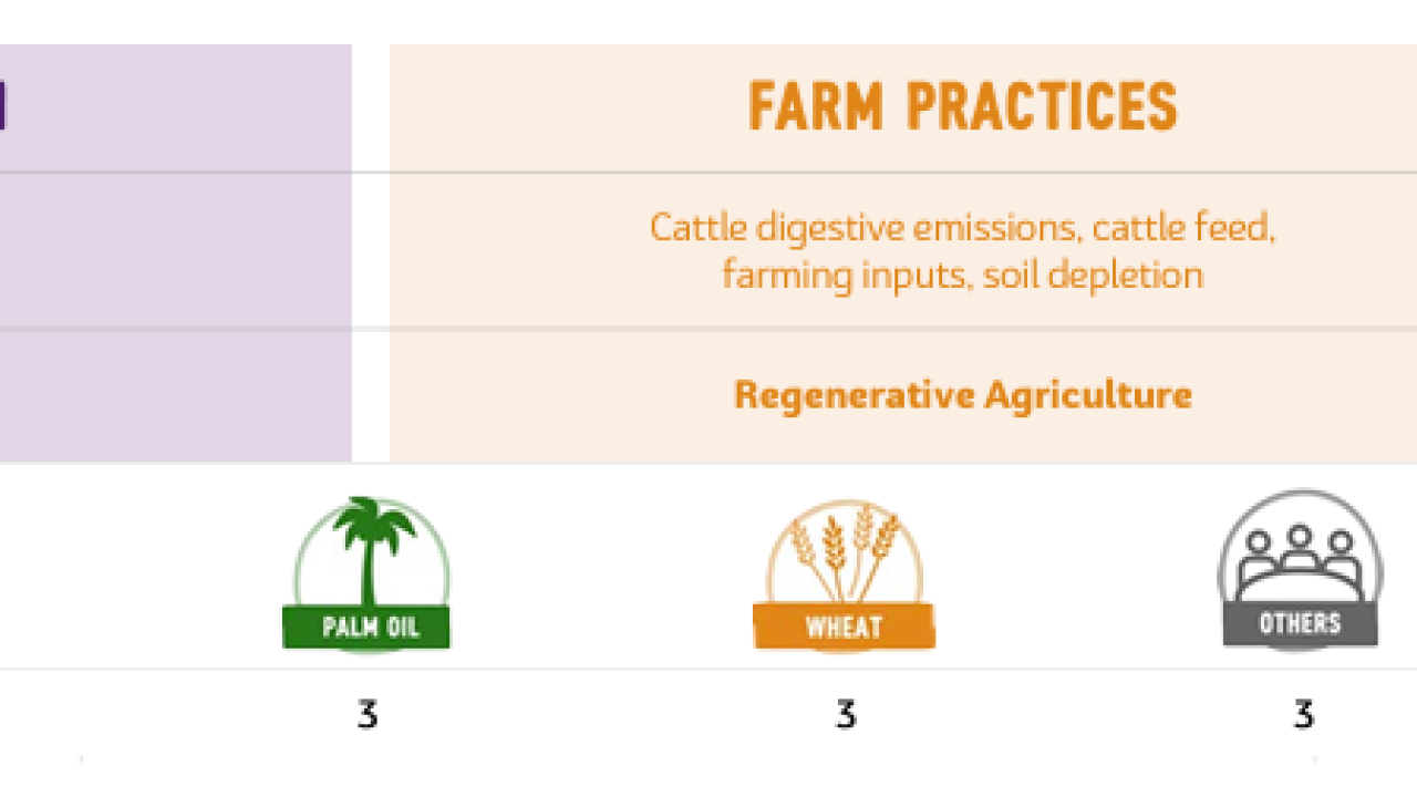 Info graphic of three key drivers: LAND CONVERSION, FARM PRACTICES, FOSSIL FUEL USE and sub categories.