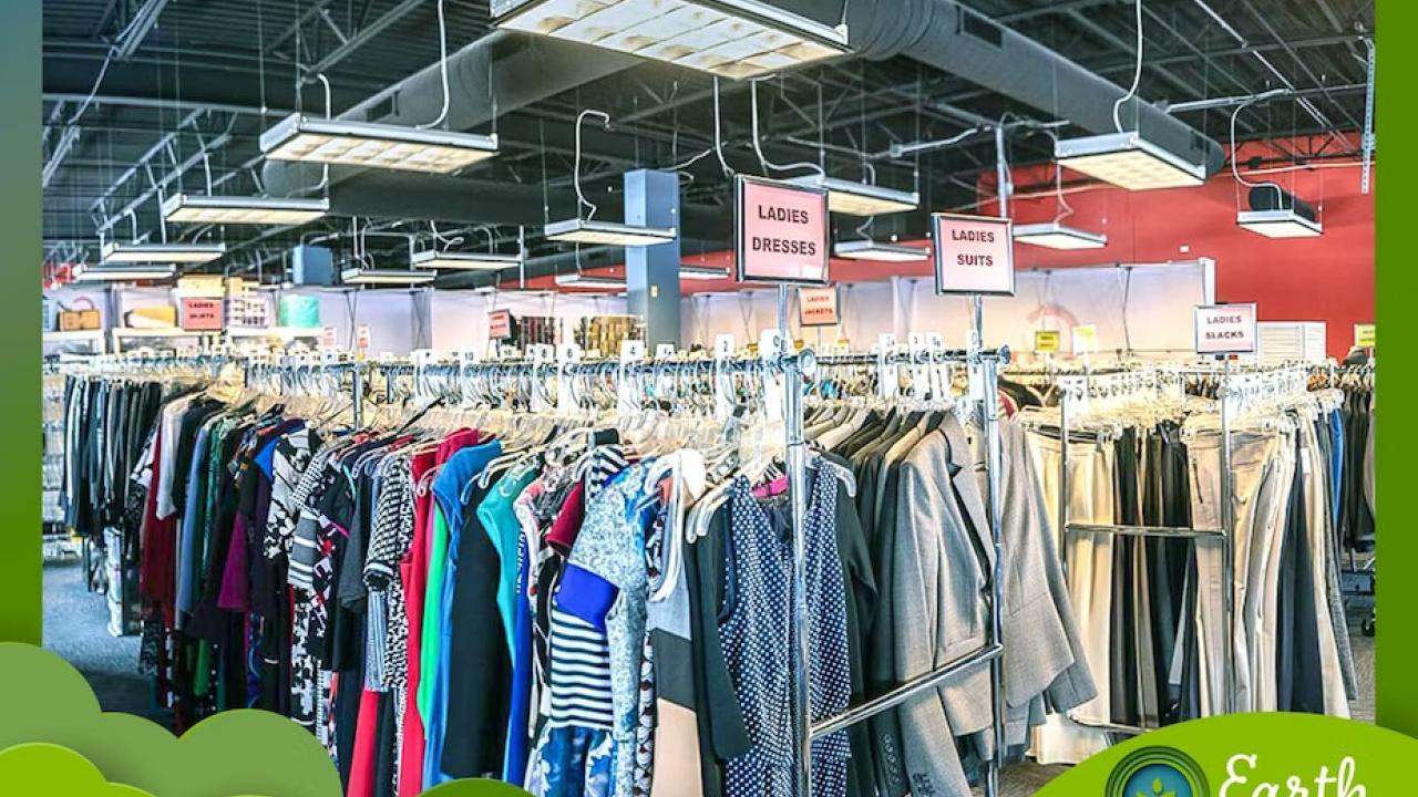 Racks of clothing on hangers. A green border and Earth Week logo in the corner.