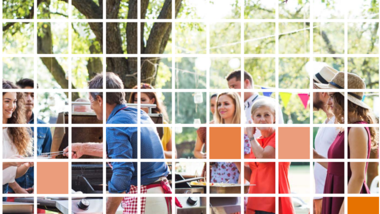 Outdoor gathering of people, one cooking at a grill as others look on. A white grid overlaid.