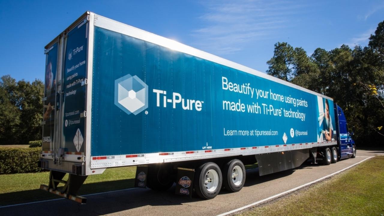 A semi truck outside "Ti-Pure" logo on the side.