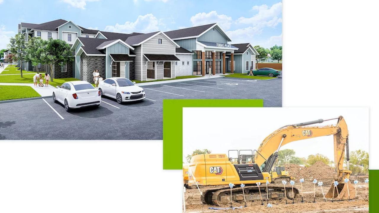 Two images: a digital rendering of the finished housing project, and a large construction machine behind standing shovels in dirt.