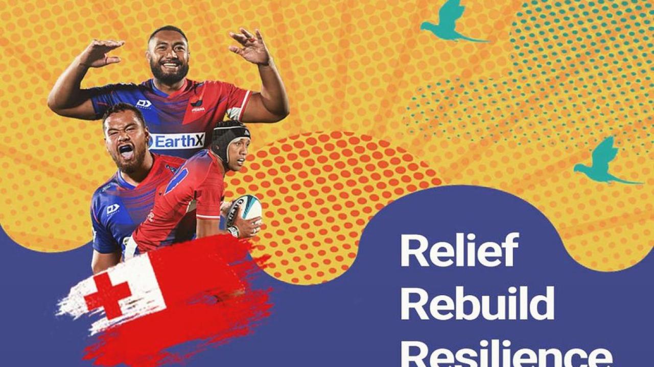 Help Tonga rebuild, relief, rebuild, resilience. #tonga strong. logos for supporting organizations. Three rugby players and a flag. background of a sunset with birds