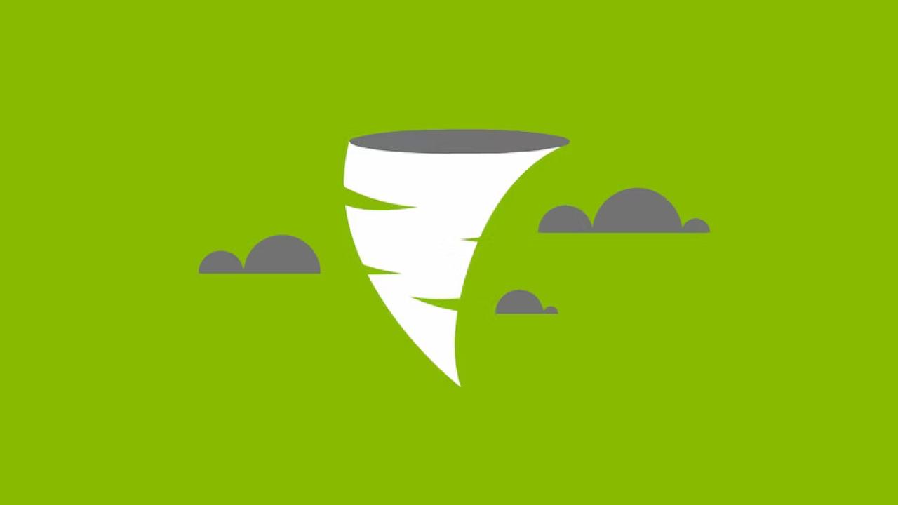 Digital rendering of a tornado on a green background.