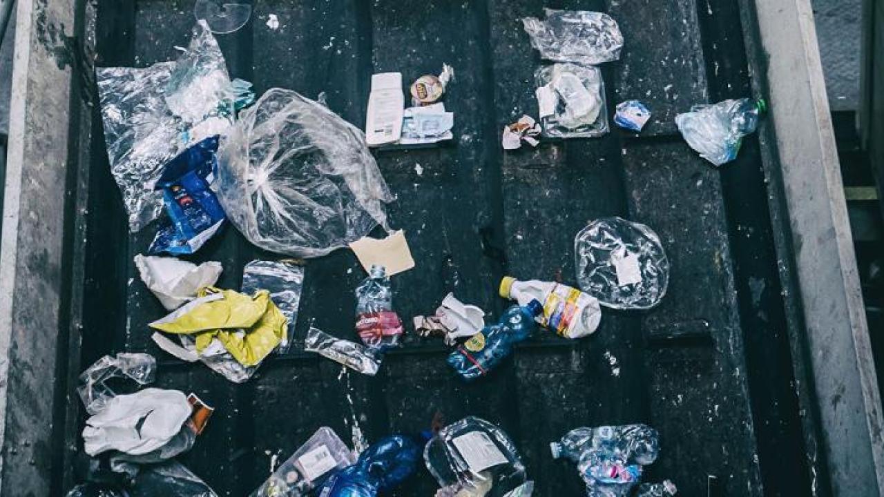 Trash on a conveyor belt.
